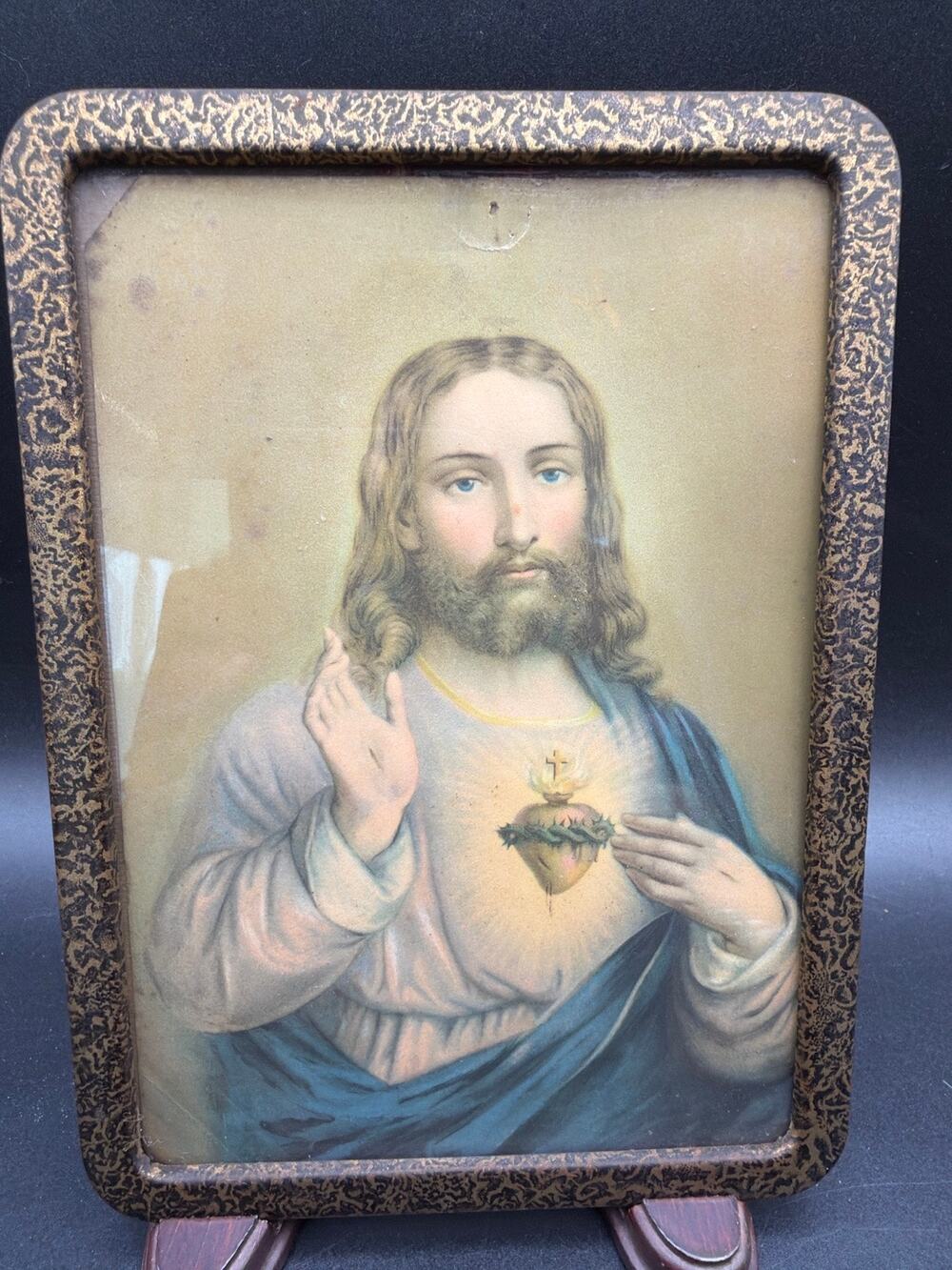 Vintage Sacred Heart of Jesus Framed Catholic Devotional Art 5.5” x 7.5”
